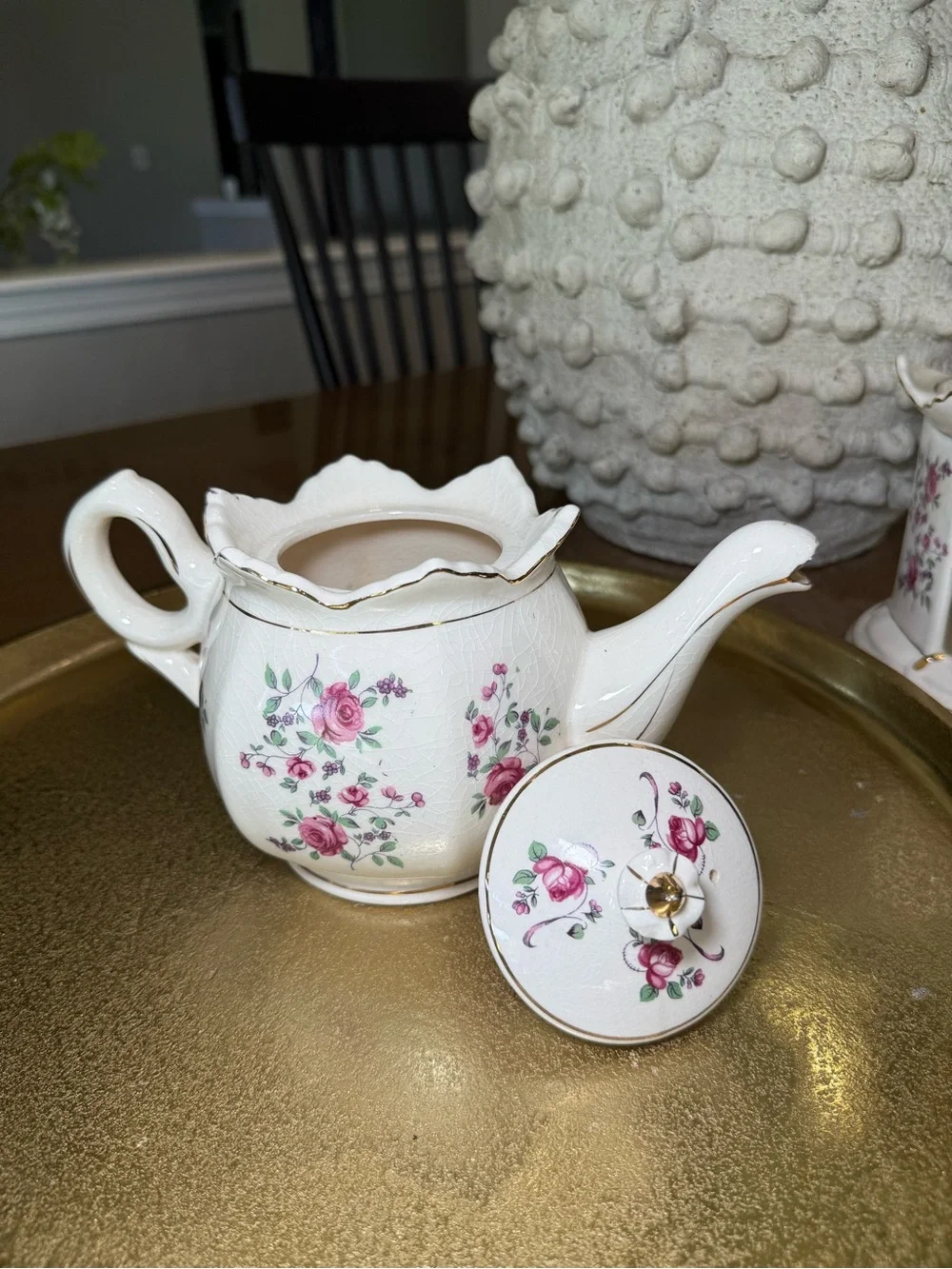 White Porcelain Pink Rose Teapot with Warmer - Classic Floral Design